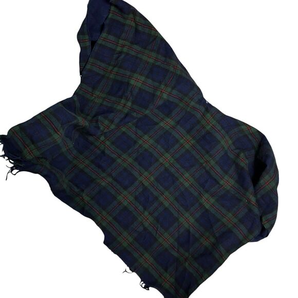 Ralph Lauren Shawl OS Green Tartan Plaid Reversable Ruana Blue Fax Fur Collar - Picture 8 of 12